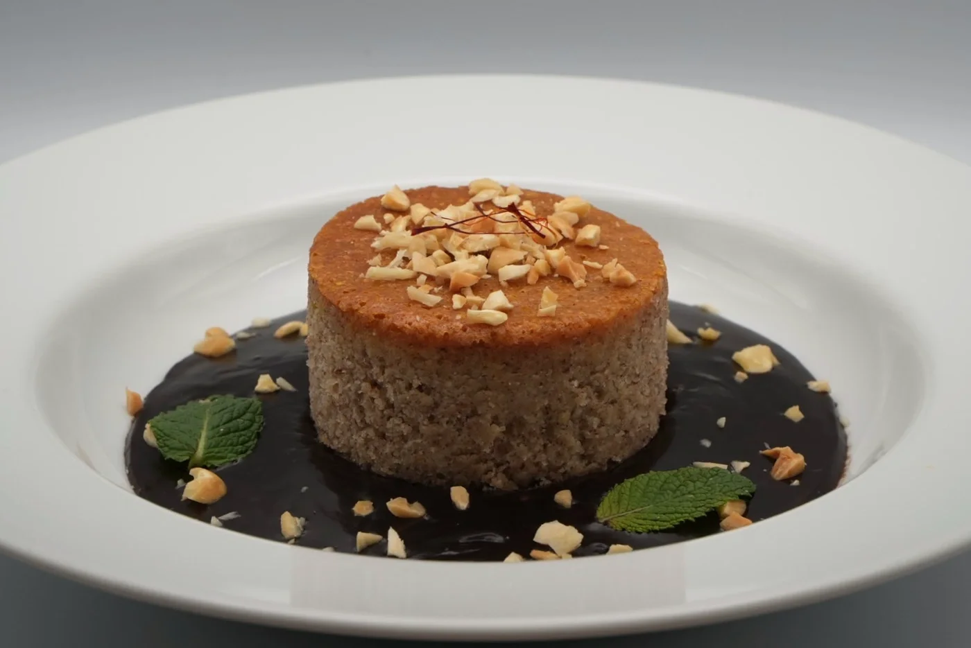 Almond, saffron, and intense chocolate tart