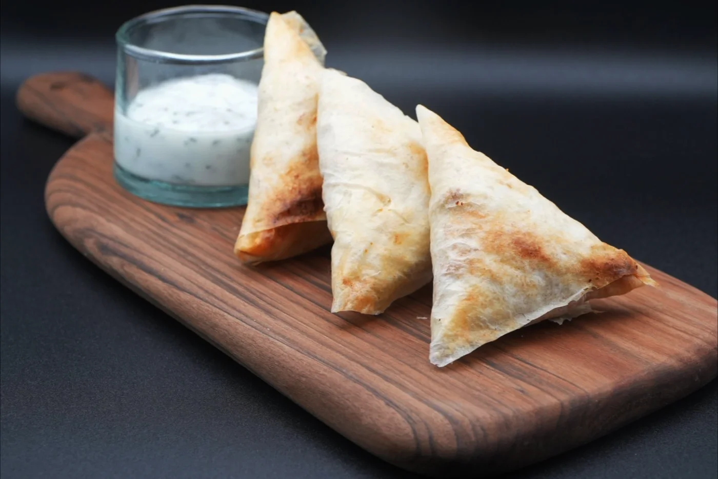 Spiced kefta briouats with fresh mint yogurt sauce